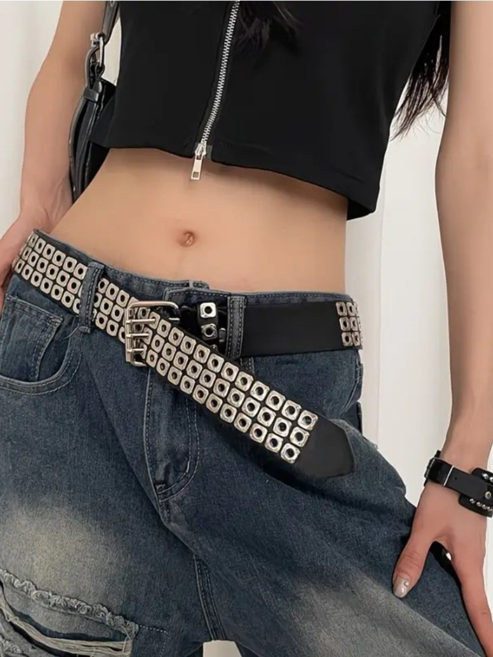 3 Row Studded Belts Punk Hip Hop Personalized Faux Leather Belts For Jeans Pants